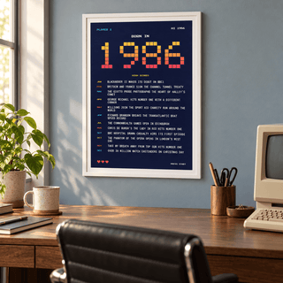 1986 pixel art print in arcade sunset colours above simple furniture at home
