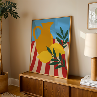 Still life poster of a jug and lemons leaning on a wooden sideboard in a warm living room