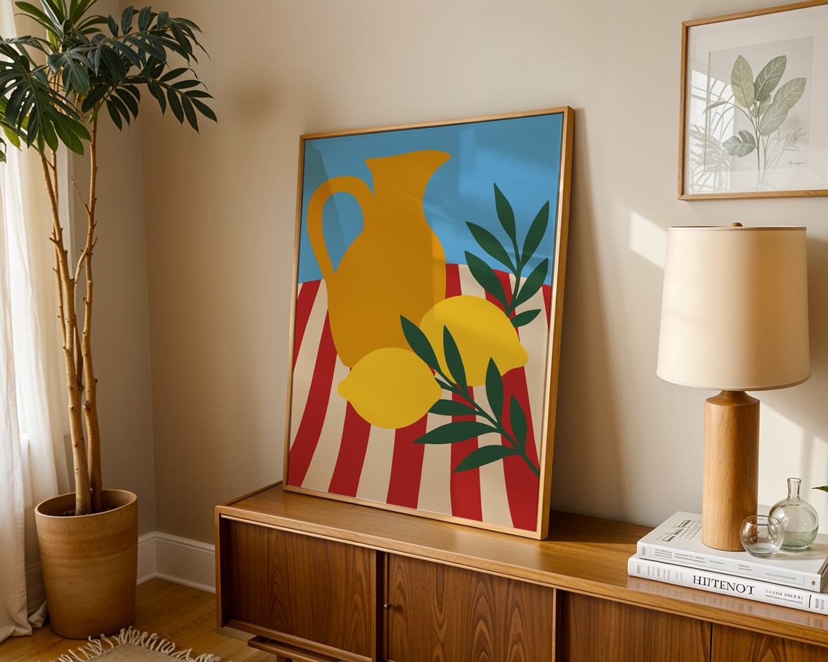 Still life poster of a jug and lemons leaning on a wooden sideboard in a warm living room