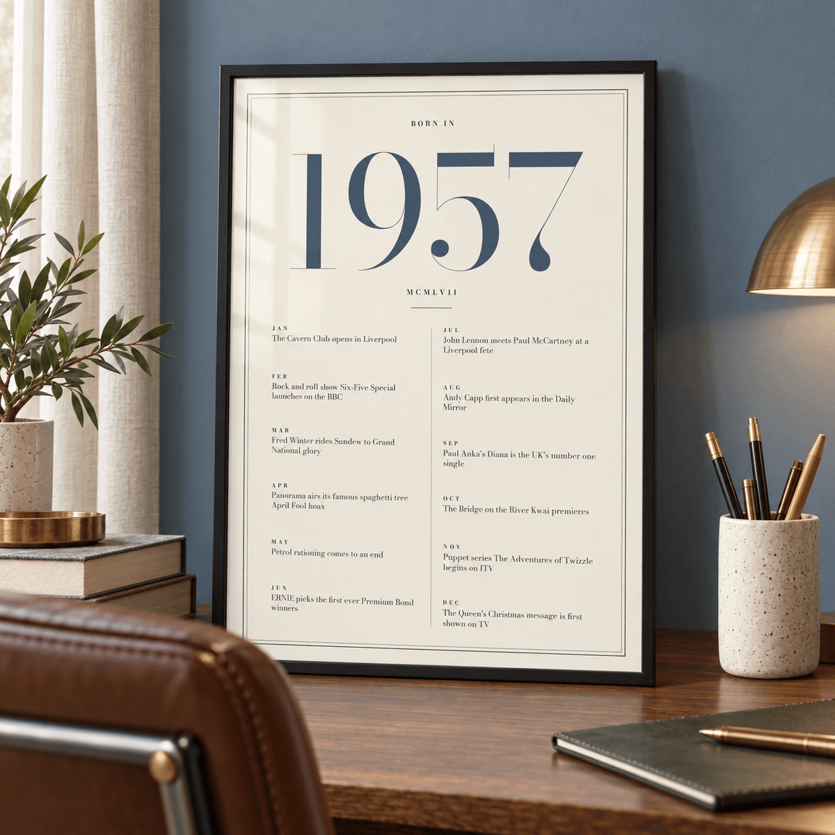 1957 year print with slate blue numerals on cream above simple furniture at home