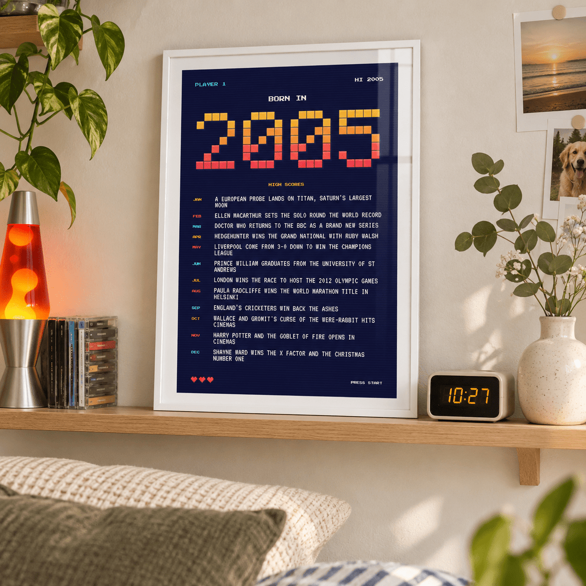 2005 pixel art print in arcade sunset colours above simple furniture at home