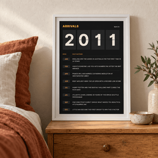 2011 print styled as a split flap arrivals board above simple furniture at home