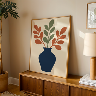 Blue vase print with leafy stems leaning on a wooden sideboard in a warm living room