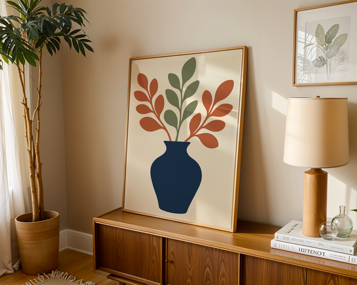 Blue vase print with leafy stems leaning on a wooden sideboard in a warm living room
