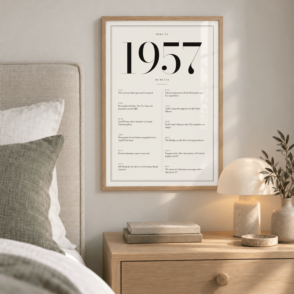 1957 year print in black numerals on white above simple furniture at home