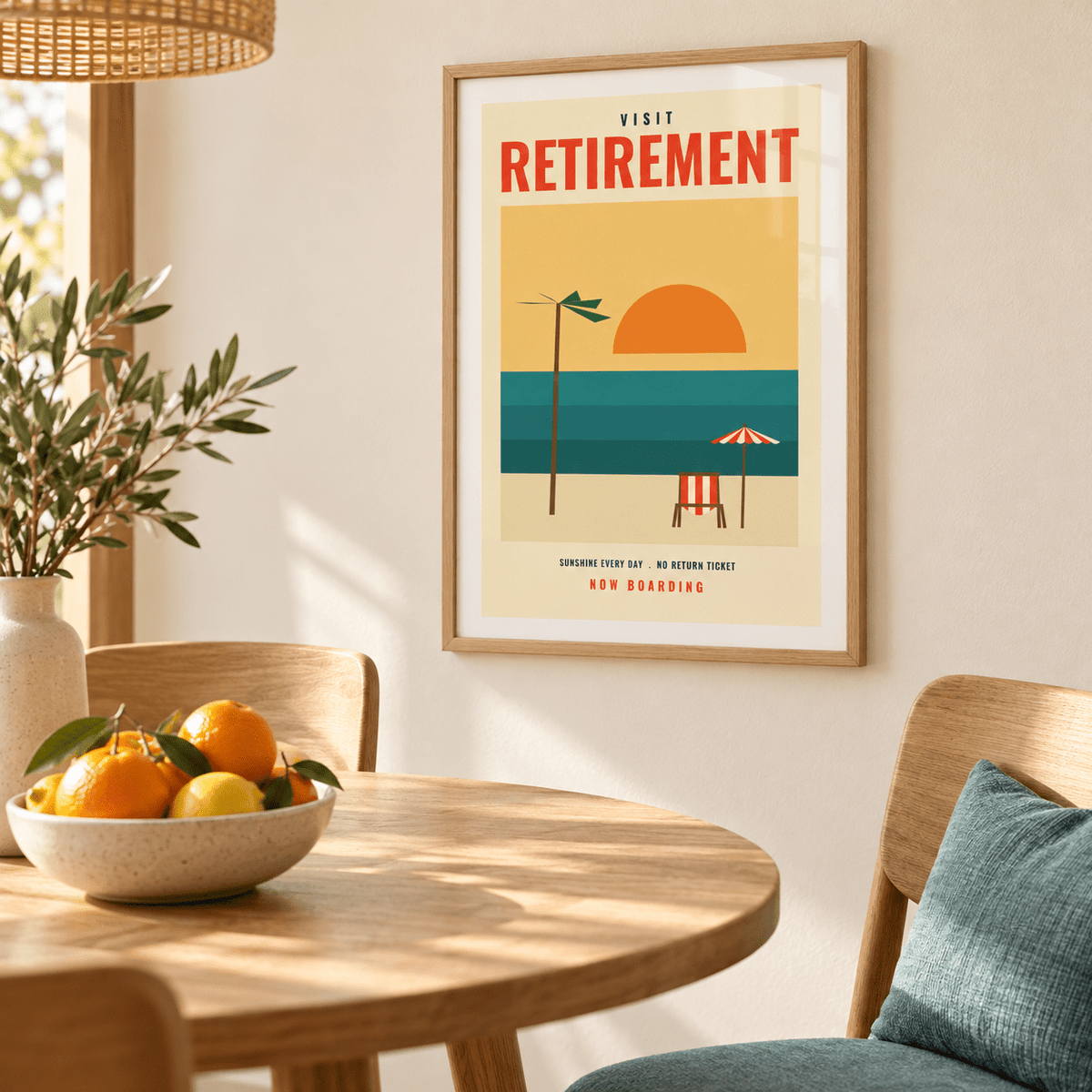 Visit retirement travel print above a dining table in a dining room