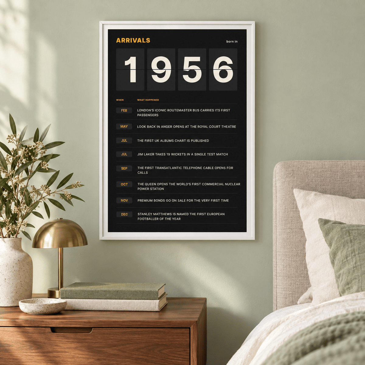 1956 print styled as a split flap arrivals board above simple furniture at home