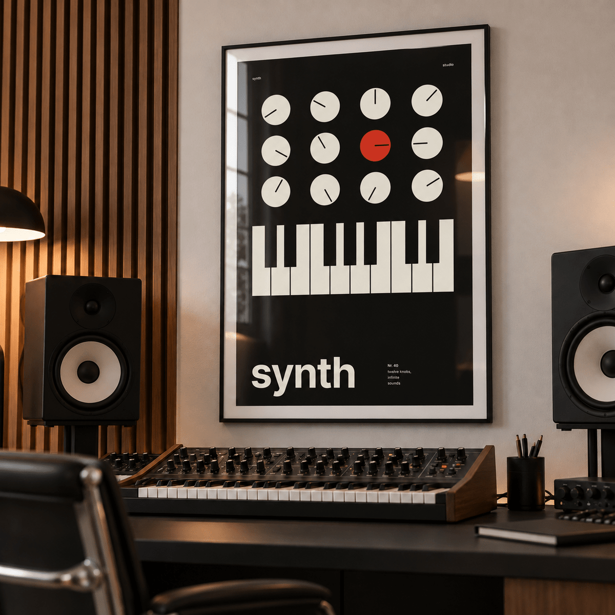 Synthesiser knobs and keys print in a home music studio