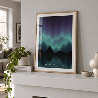 Aurora mirrored in a lake print beside a bed against a midnight blue wall