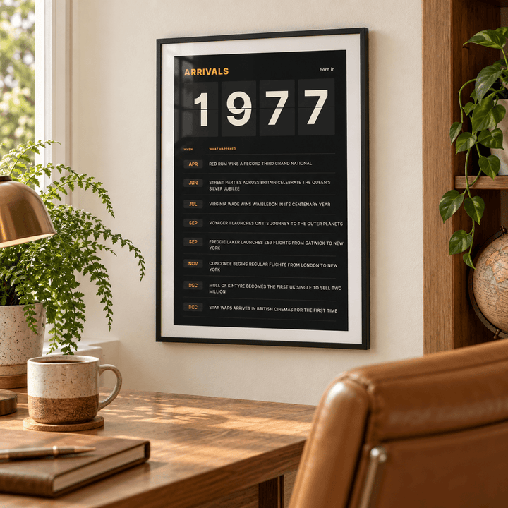 1977 print styled as a split flap arrivals board above simple furniture at home