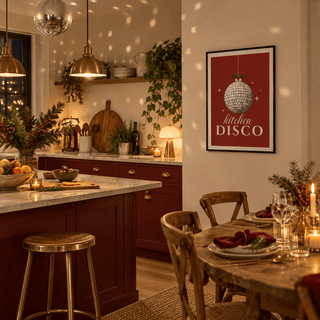 Red kitchen disco print in a festive kitchen at Christmas
