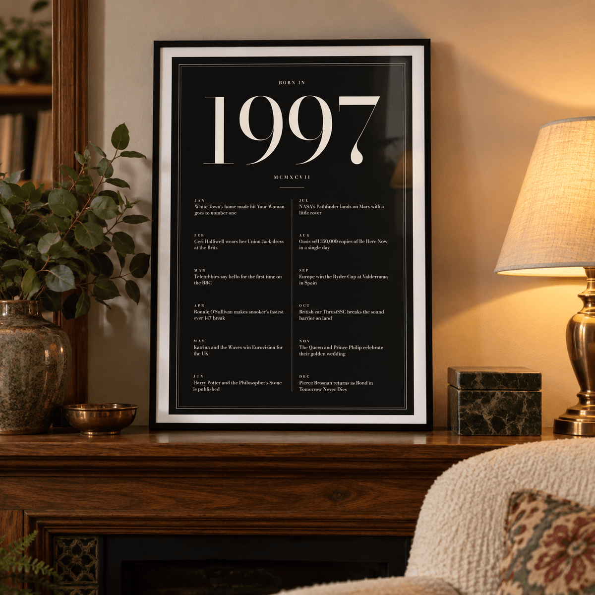 1997 year print in ivory numerals on black above simple furniture at home