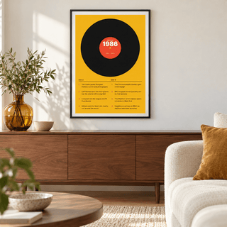 1986 print styled as a vinyl record on mustard above simple furniture at home