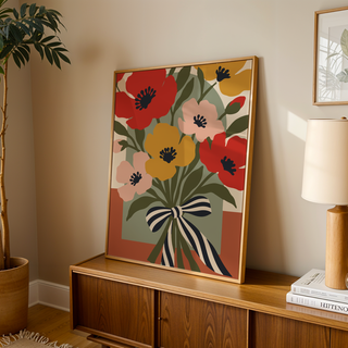Flower bouquet print of poppies leaning on a wooden sideboard in a warm living room