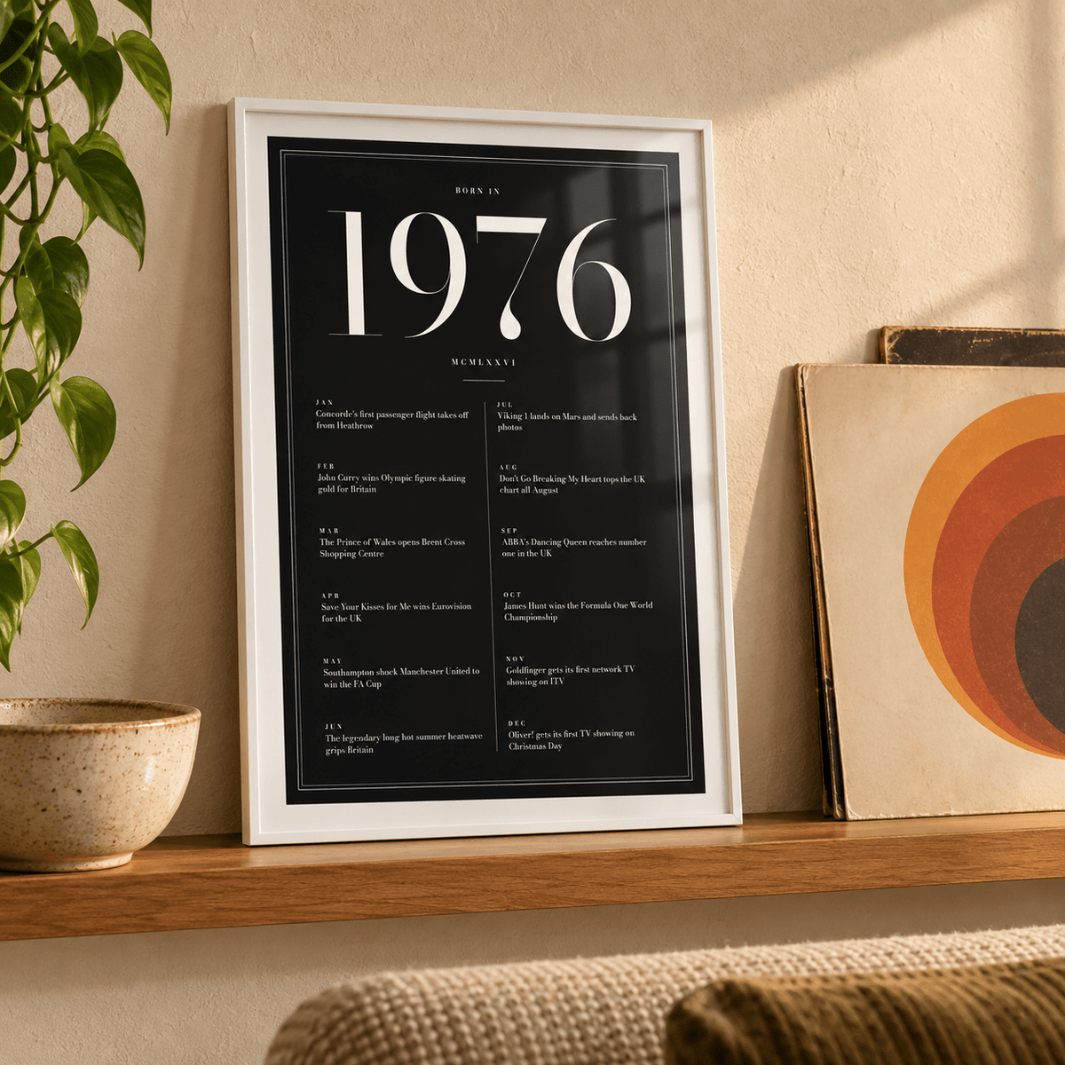 1976 year print in ivory numerals on black above simple furniture at home