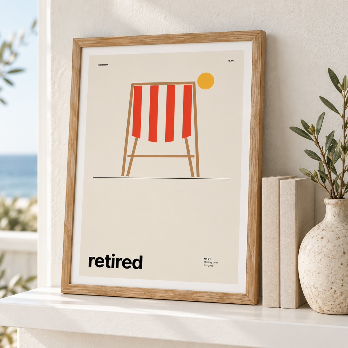 Striped deckchair retirement print leaning on a shelf beside books and plants