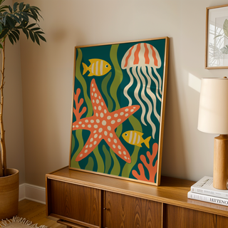 Sea creatures print with a starfish leaning on a wooden sideboard in a warm living room
