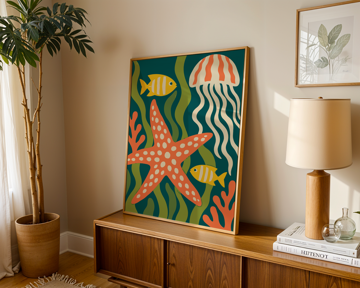 Sea creatures print with a starfish leaning on a wooden sideboard in a warm living room