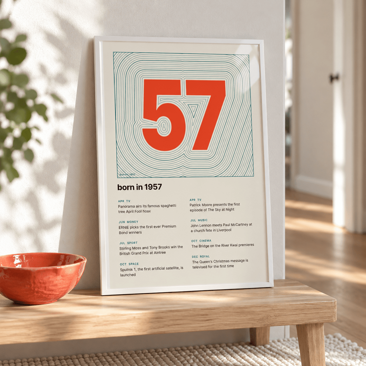 1957 print with the year as a contour map summit above simple furniture at home