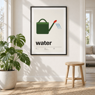 Watering can garden poster in a garden room filled with green plants