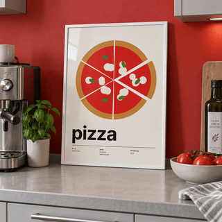 Margherita pizza from above print in a kitchen counter against a red wall