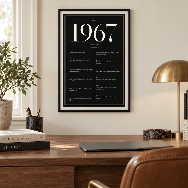 1967 year print in ivory numerals on black above simple furniture at home