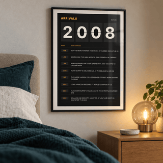2008 print styled as a split flap arrivals board above simple furniture at home