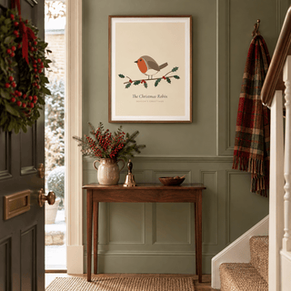 Christmas robin on holly print in a hallway at Christmas