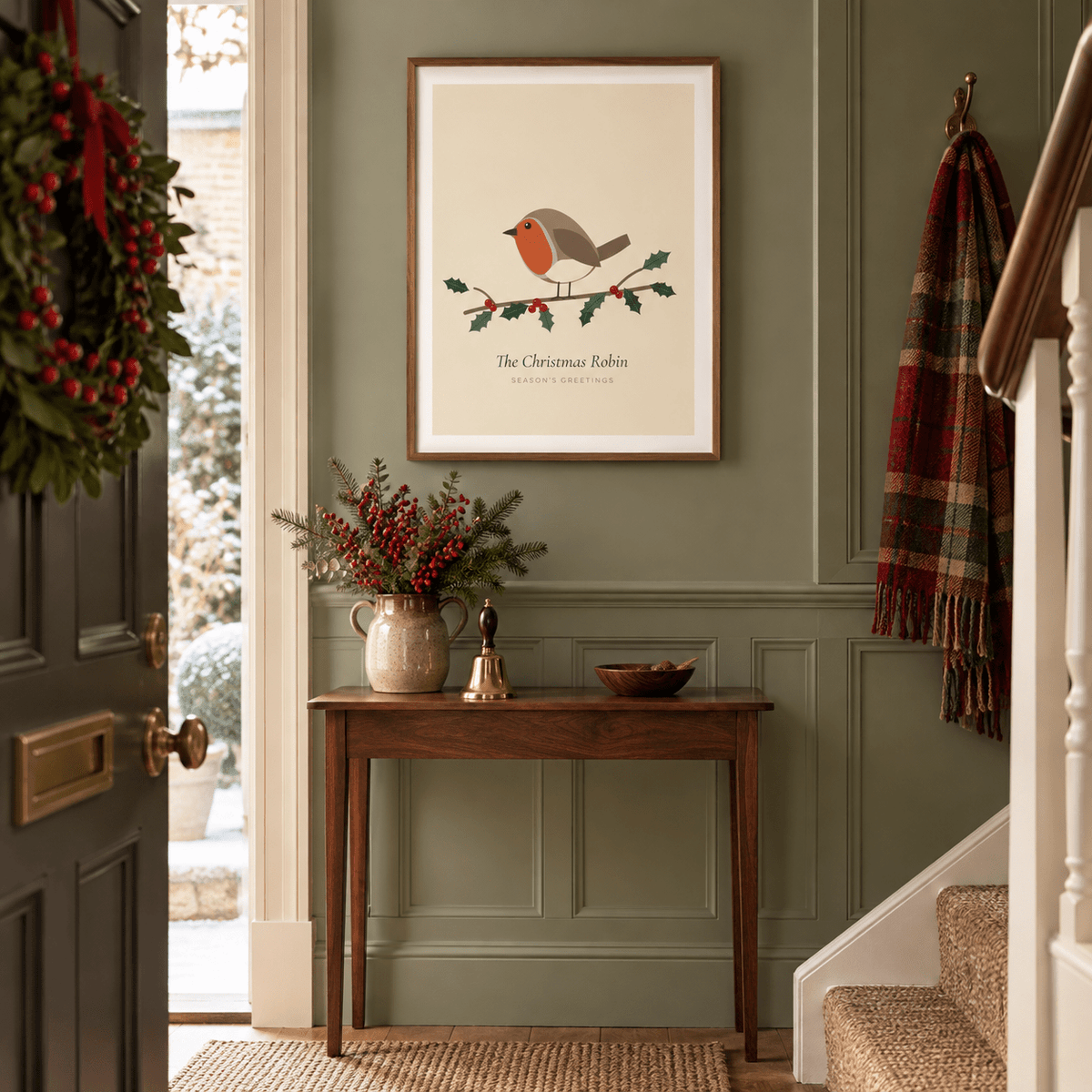 Christmas robin on holly print in a hallway at Christmas