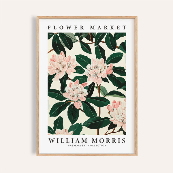 Magnolia wall art with pink blooms and green William Morris foliage