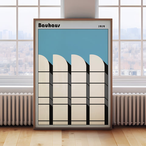 Geometric Bauhaus architecture-inspired wall art in black and blue for modern home decor.