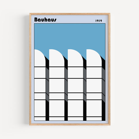 Geometric Bauhaus architecture-inspired wall art in black and blue for modern home decor.