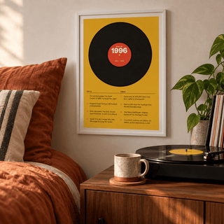 1996 print styled as a vinyl record on mustard above simple furniture at home