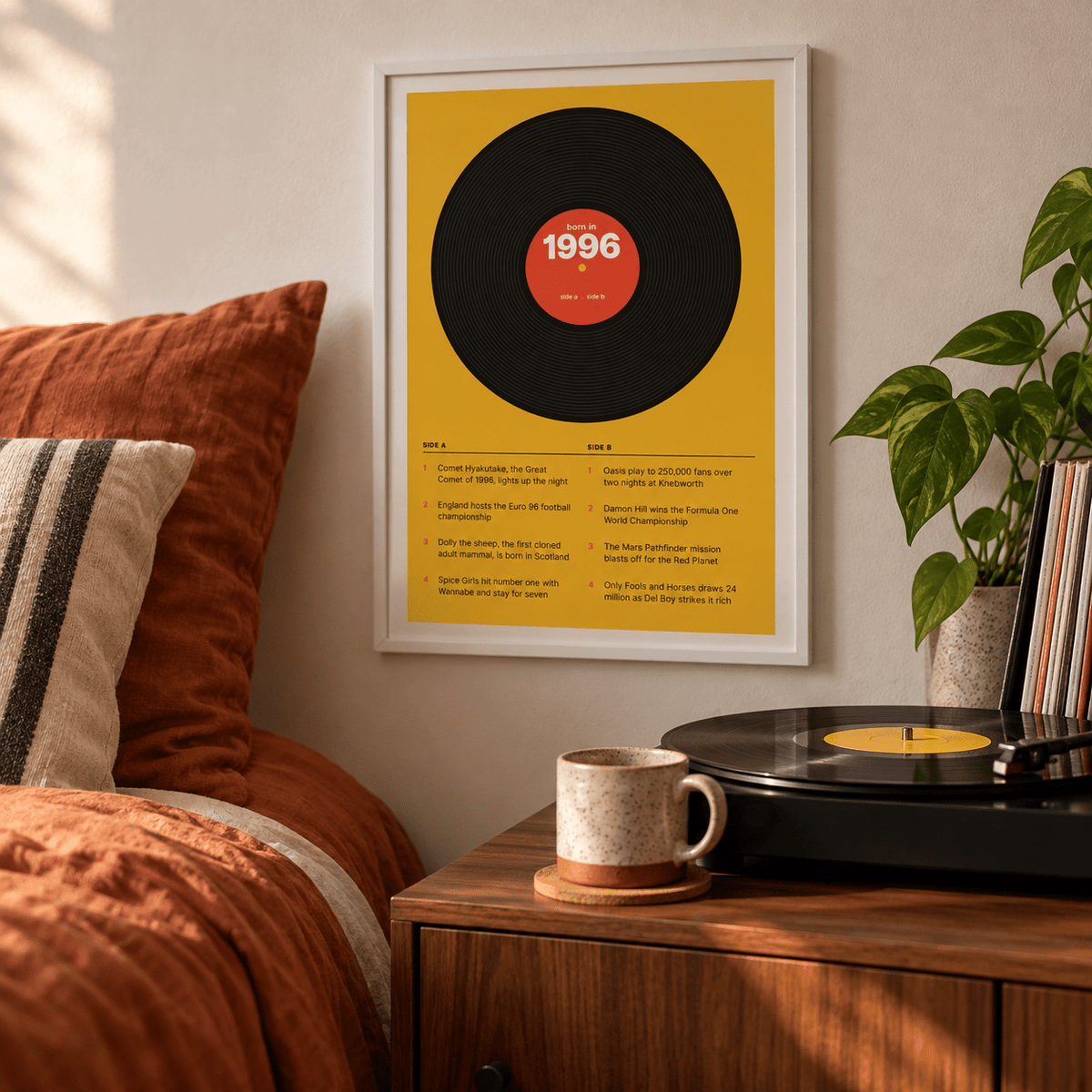1996 print styled as a vinyl record on mustard above simple furniture at home