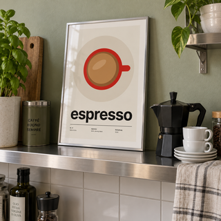 Red espresso cup kitchen print on a shelf in a steel kitchen against a sage wall
