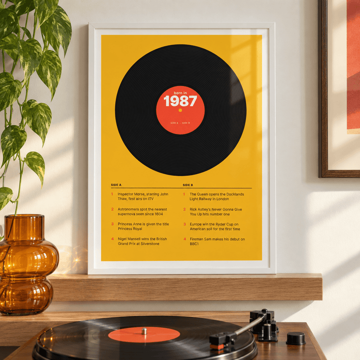 1987 print styled as a vinyl record on mustard above simple furniture at home