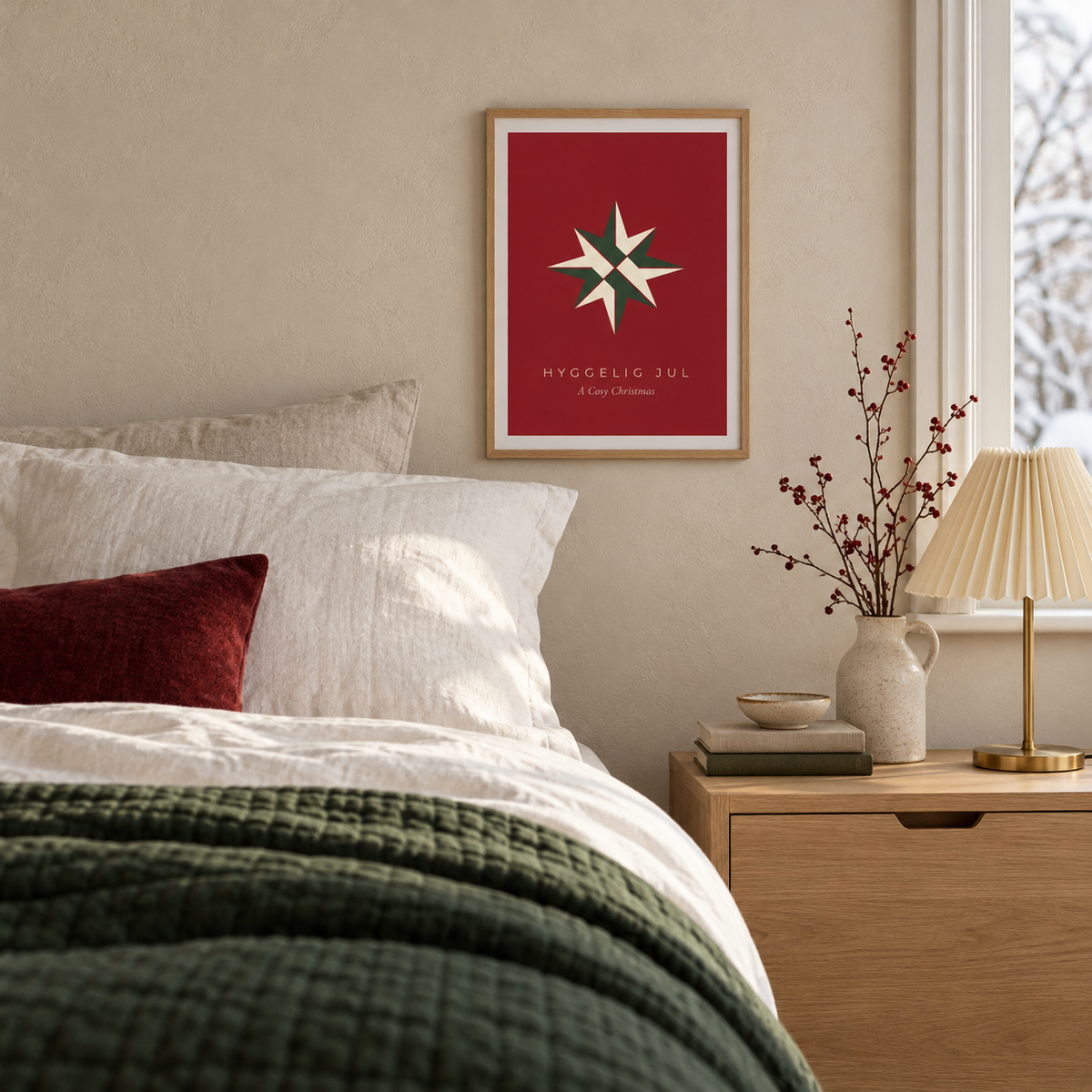 Red paper star Christmas print in a guest bedroom at Christmas