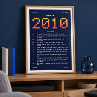 2010 pixel art print in arcade sunset colours above simple furniture at home