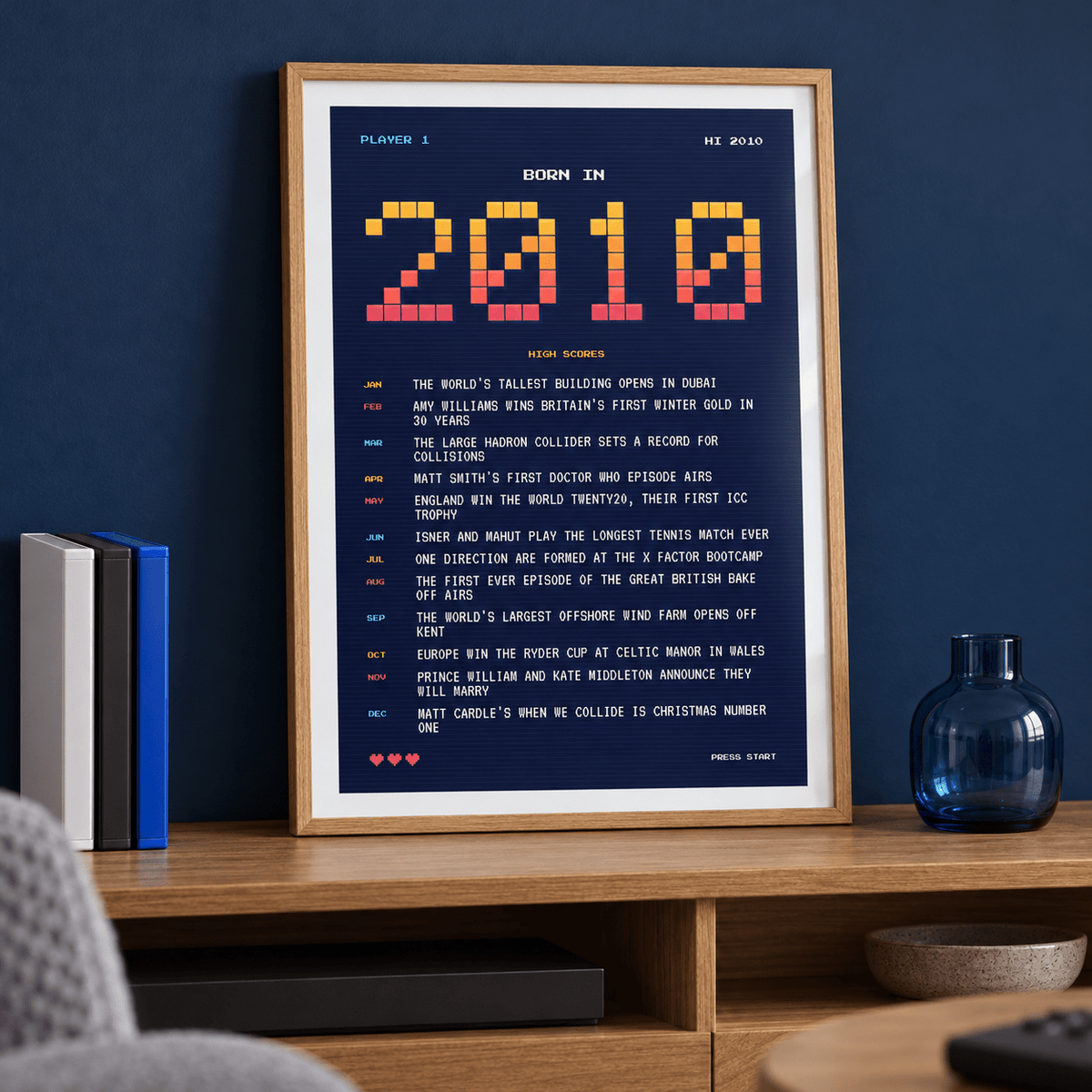 2010 pixel art print in arcade sunset colours above simple furniture at home