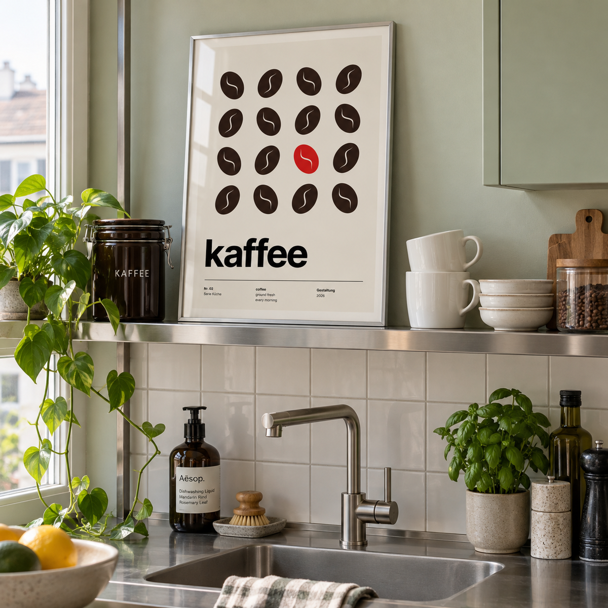 Coffee bean grid kitchen print on a shelf in a pistachio sink