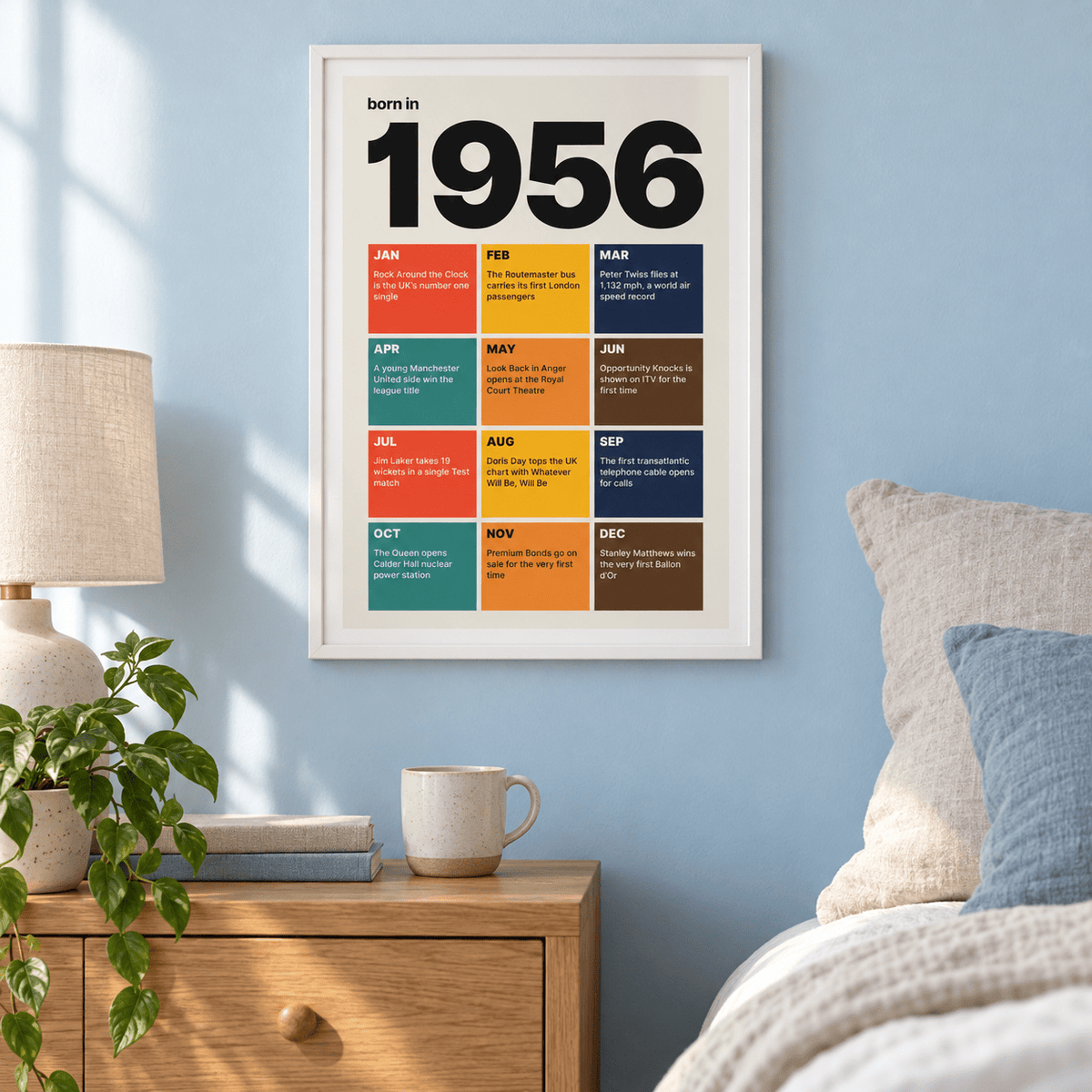 1956 print with twelve coloured month tiles above simple furniture at home