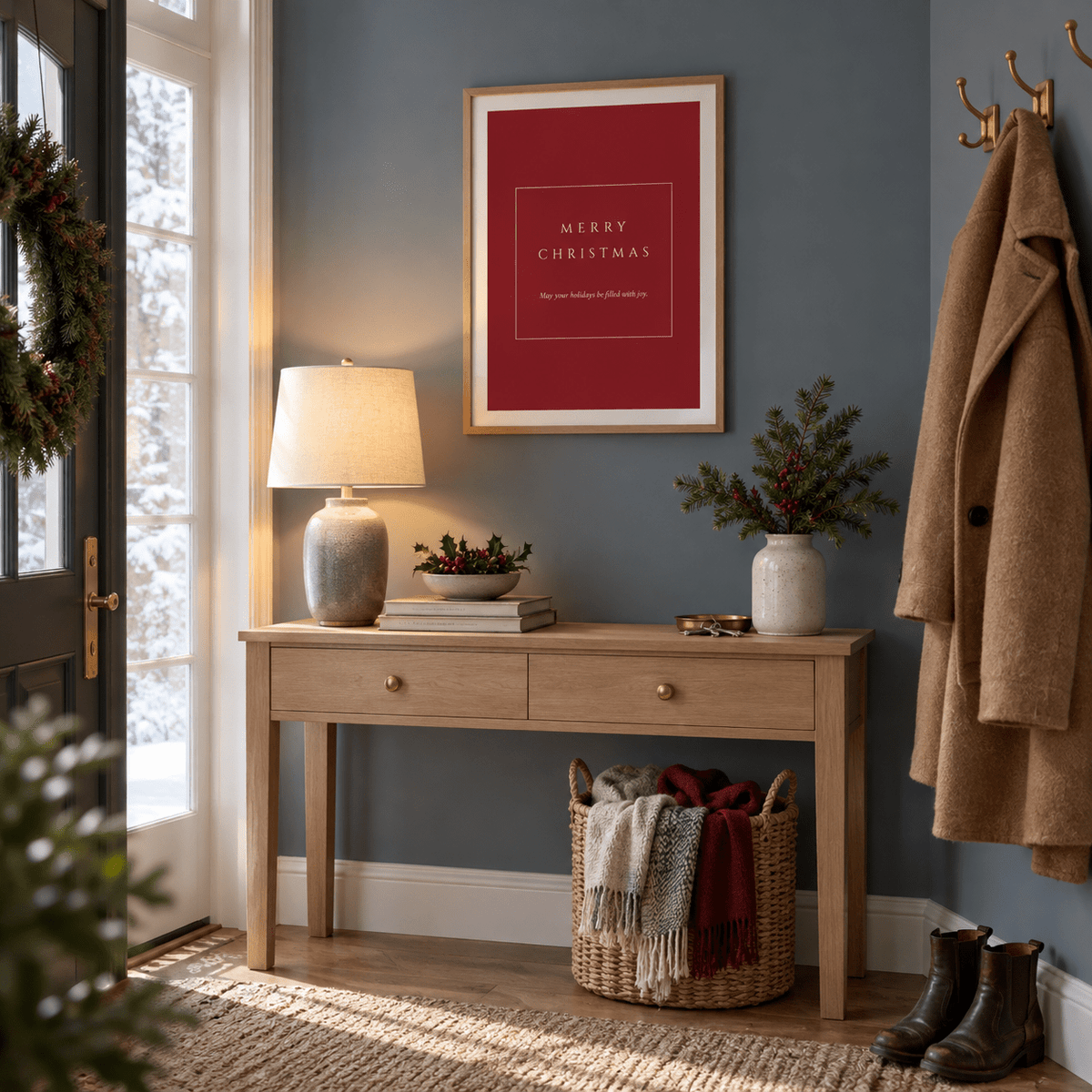 Red Merry Christmas typography print in a winter entryway at Christmas