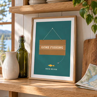 Gone fishing sign print in a kitchen corner with open shelves