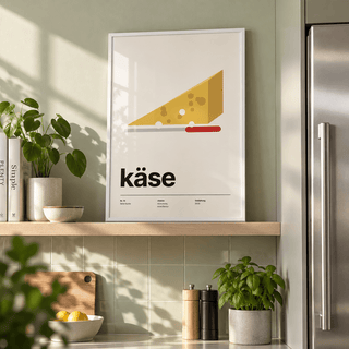 Swiss cheese wedge print on a shelf in a kitchen against a green wall