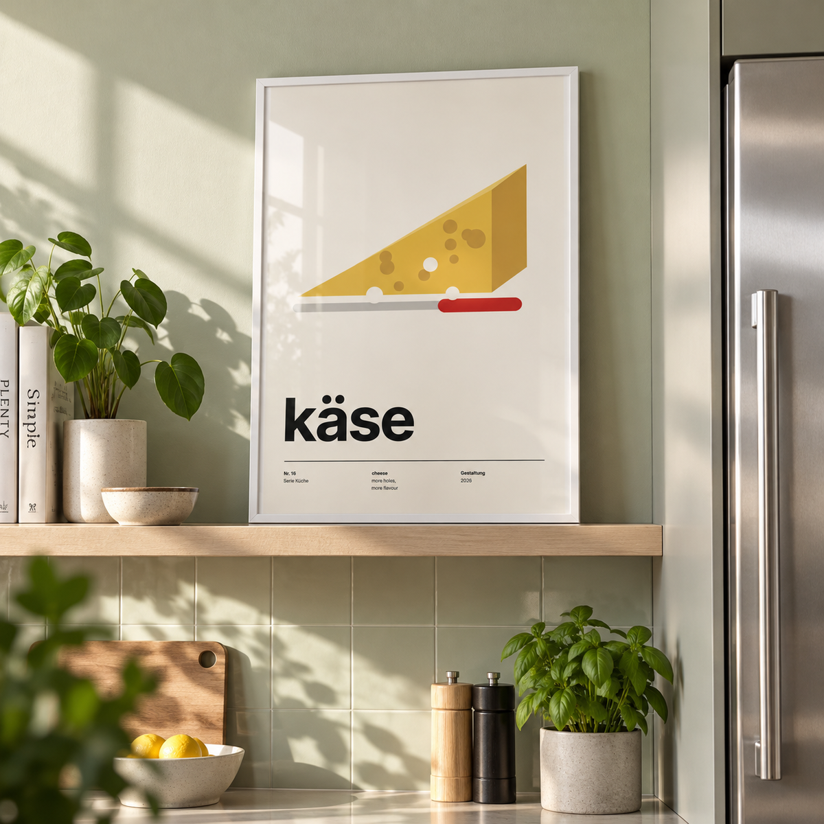 Swiss cheese wedge print on a shelf in a kitchen against a green wall