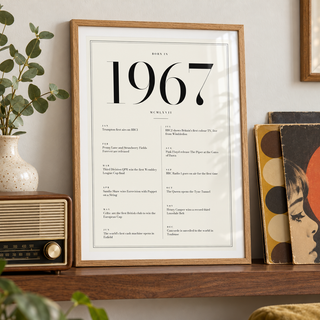 1967 year print in black numerals on white above simple furniture at home
