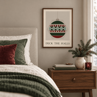 Patchwork Christmas bauble print in a holiday guest bedroom at Christmas
