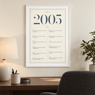 2005 year print with slate blue numerals on cream above simple furniture at home