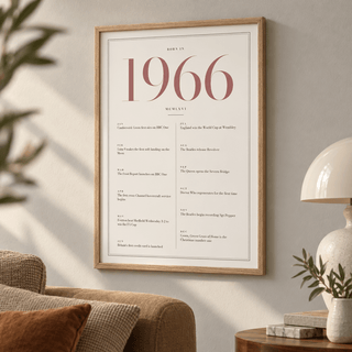 1966 year print with dusty rose numerals on cream above simple furniture at home