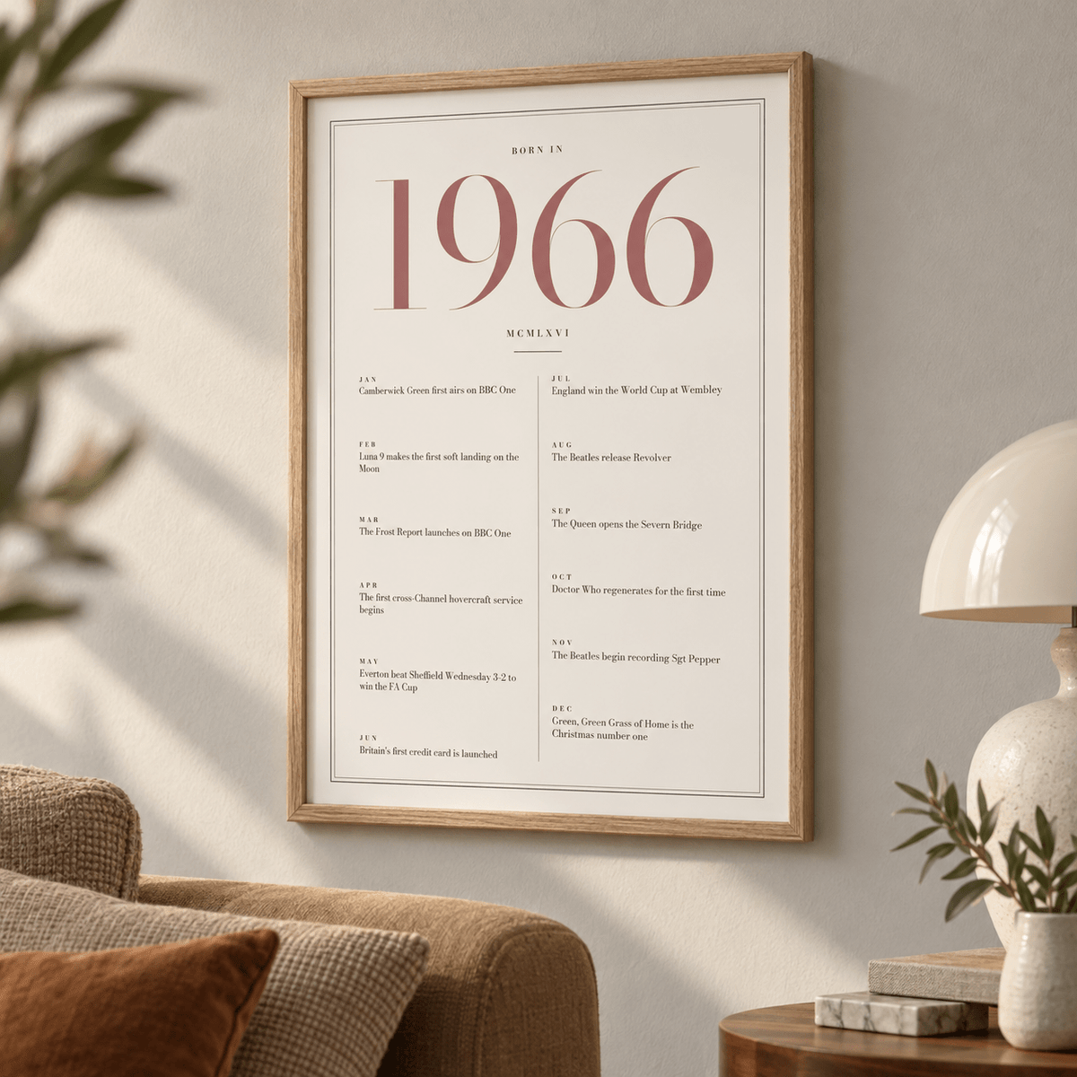 1966 year print with dusty rose numerals on cream above simple furniture at home